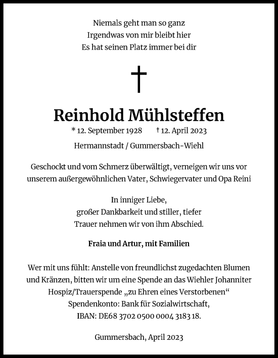 Anzeige von Reinhold Mühlsteffen von Kölner Stadt-Anzeiger / Kölnische Rundschau / Express