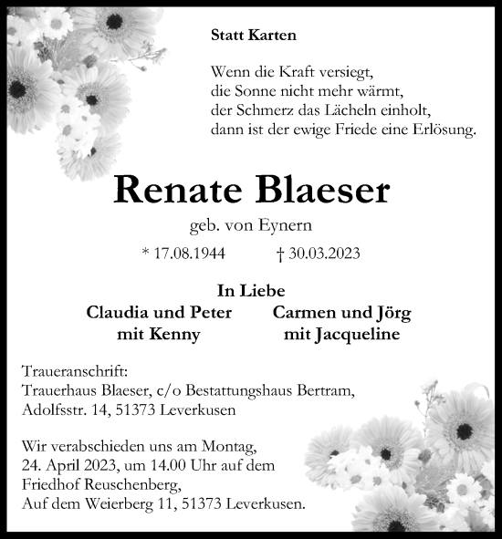 Anzeige von Renate Blaeser von Kölner Stadt-Anzeiger / Kölnische Rundschau / Express