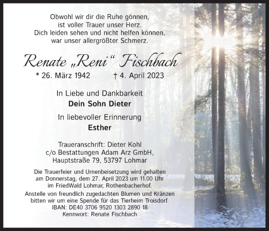 Anzeige von Renate Fischbach von Kölner Stadt-Anzeiger / Kölnische Rundschau / Express