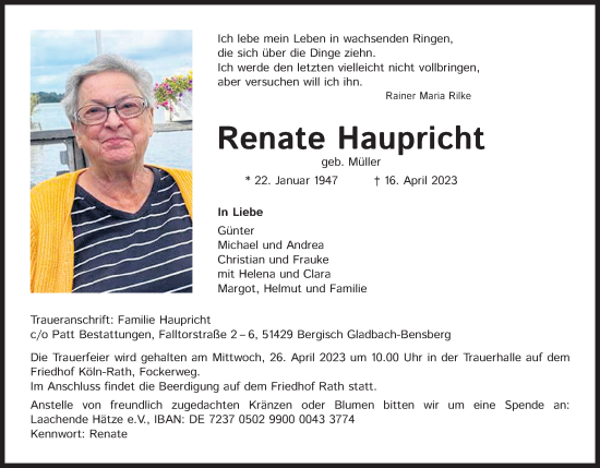 Anzeige von Renate Haupricht von Kölner Stadt-Anzeiger / Kölnische Rundschau / Express