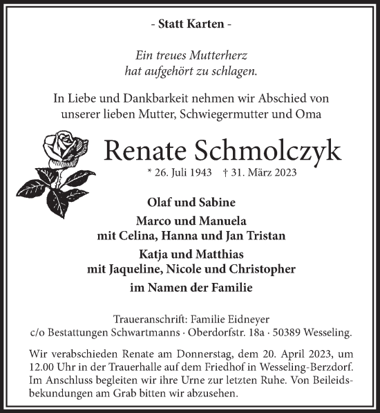 Anzeige von Renate Schmolczyk von  Schlossbote/Werbekurier 