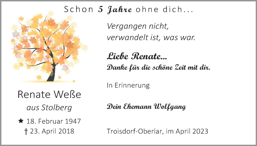  Traueranzeige für Renate Weße vom 18.07.2023 aus Kölner Stadt-Anzeiger / Kölnische Rundschau / Express