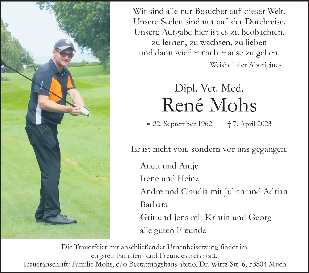  Traueranzeige für René Mohs vom 15.04.2023 aus Kölner Stadt-Anzeiger / Kölnische Rundschau / Express