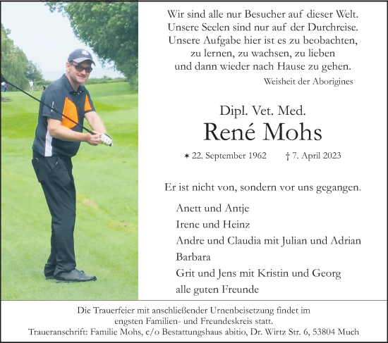 Anzeige von René Mohs von Kölner Stadt-Anzeiger / Kölnische Rundschau / Express