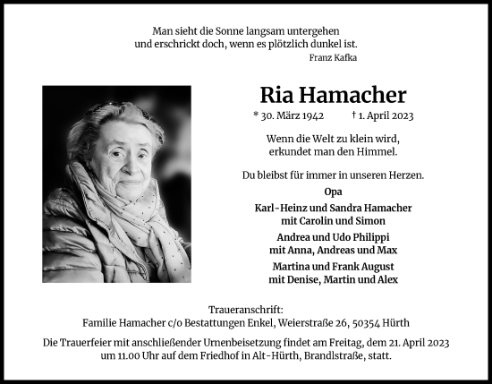 Anzeige von Ria Hamacher von Kölner Stadt-Anzeiger / Kölnische Rundschau / Express