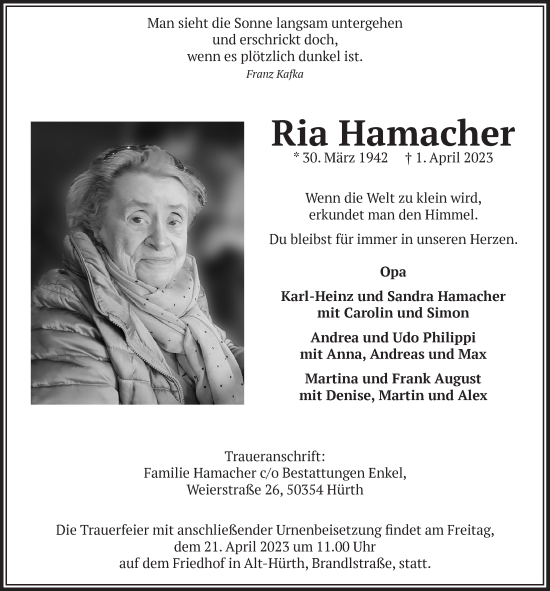 Anzeige von Ria Hamacher von  Wochenende 