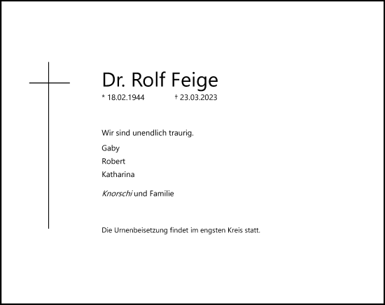 Anzeige von Rolf Feige von Kölner Stadt-Anzeiger / Kölnische Rundschau / Express