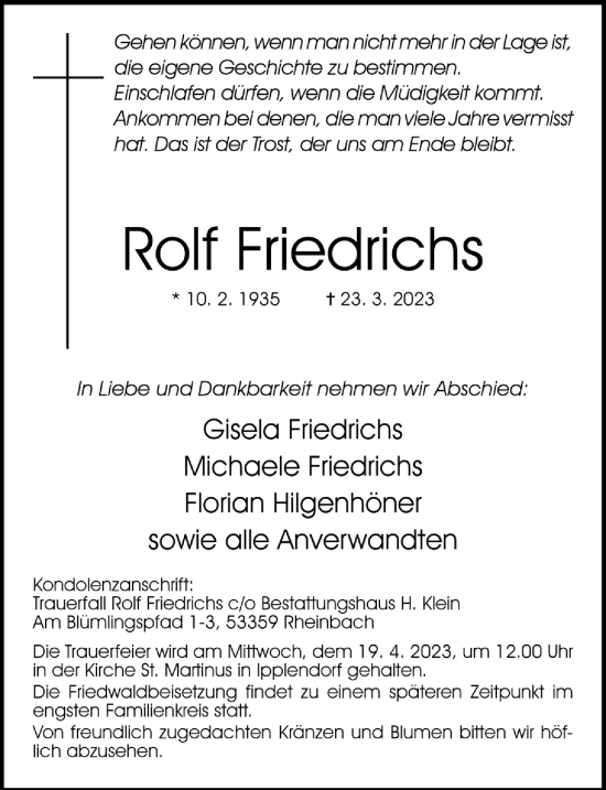 Anzeige von Rolf Friedrichs von  Schaufenster/Blickpunkt 