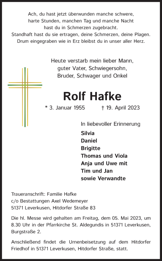 Anzeige von Rolf Hafke von Kölner Stadt-Anzeiger / Kölnische Rundschau / Express