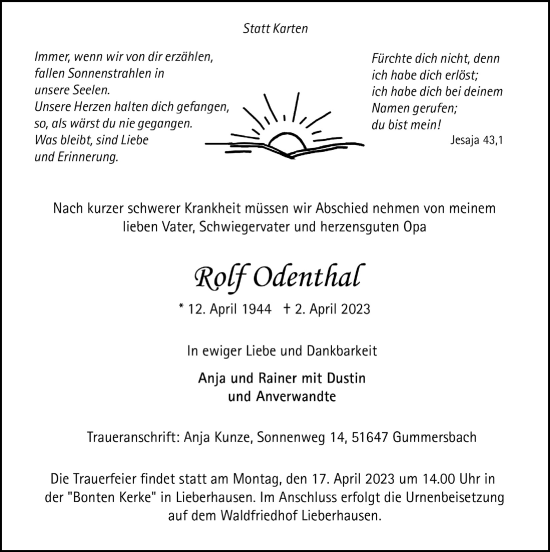 Anzeige von Rolf Odenthal von  Anzeigen Echo 