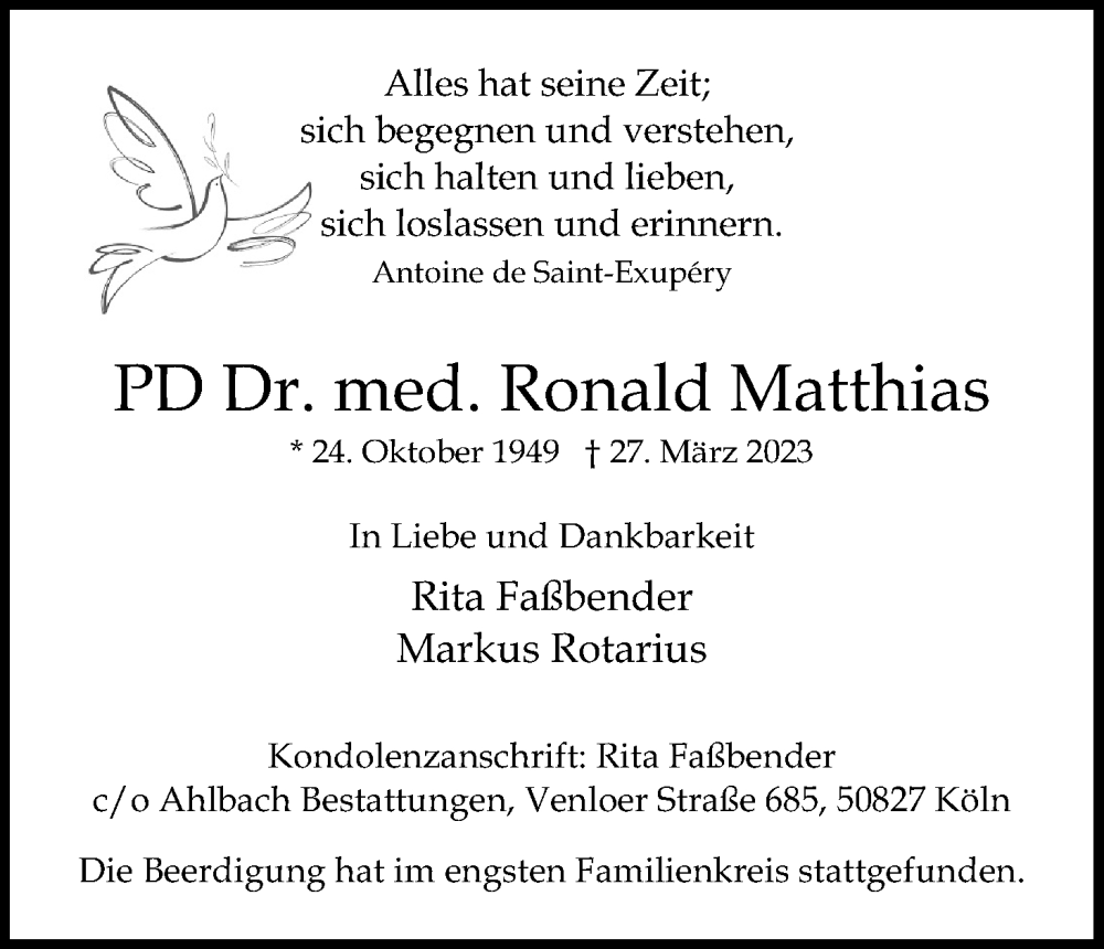  Traueranzeige für Ronald Matthias vom 08.04.2023 aus Kölner Stadt-Anzeiger / Kölnische Rundschau / Express