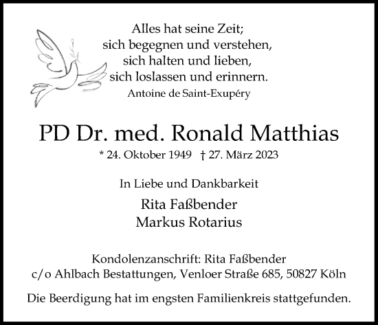 Anzeige von Ronald Matthias von Kölner Stadt-Anzeiger / Kölnische Rundschau / Express