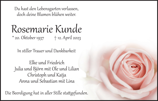 Anzeige von Rosemarie Kunde von Kölner Stadt-Anzeiger / Kölnische Rundschau / Express