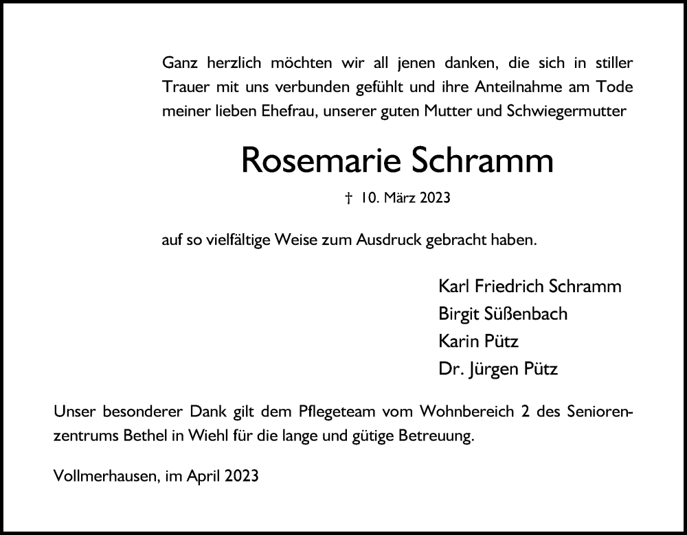 Traueranzeige für Rosemarie Schramm vom 21.04.2023 aus Kölner Stadt-Anzeiger / Kölnische Rundschau / Express