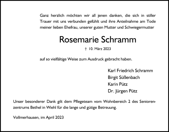 Anzeige von Rosemarie Schramm von Kölner Stadt-Anzeiger / Kölnische Rundschau / Express