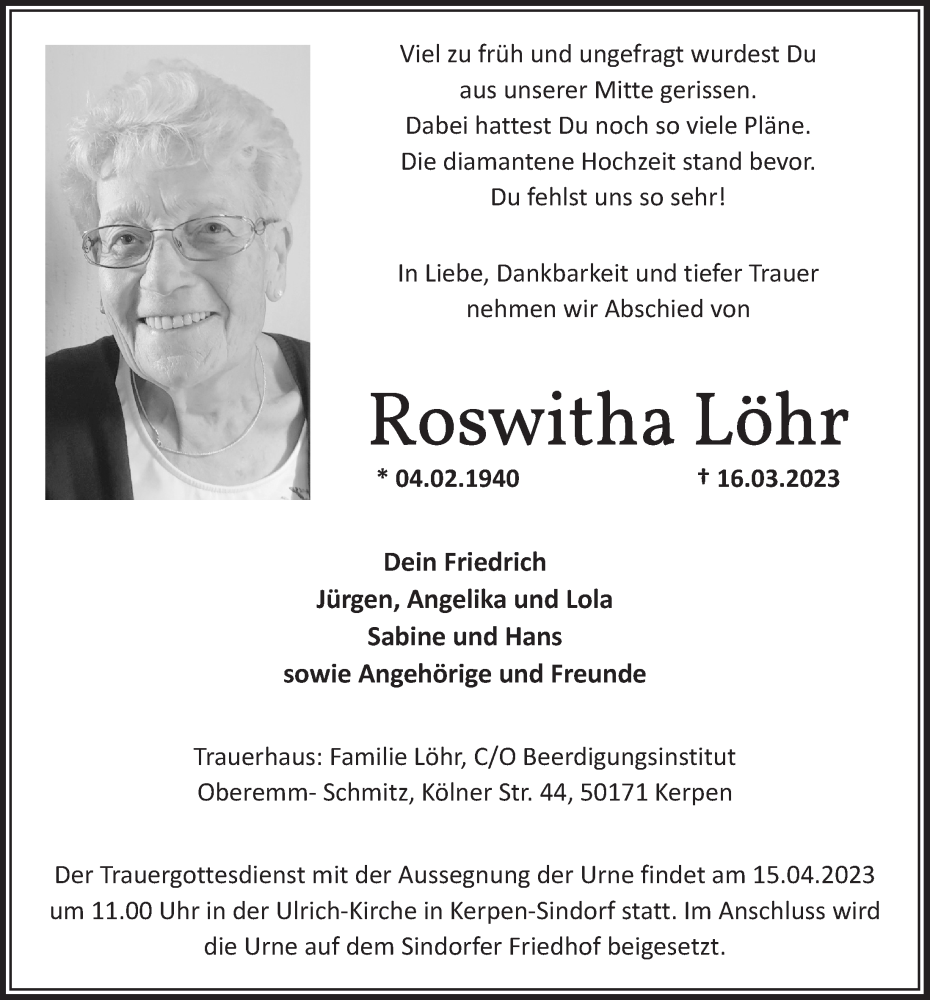  Traueranzeige für Roswitha Löhr vom 06.04.2023 aus  Werbepost 