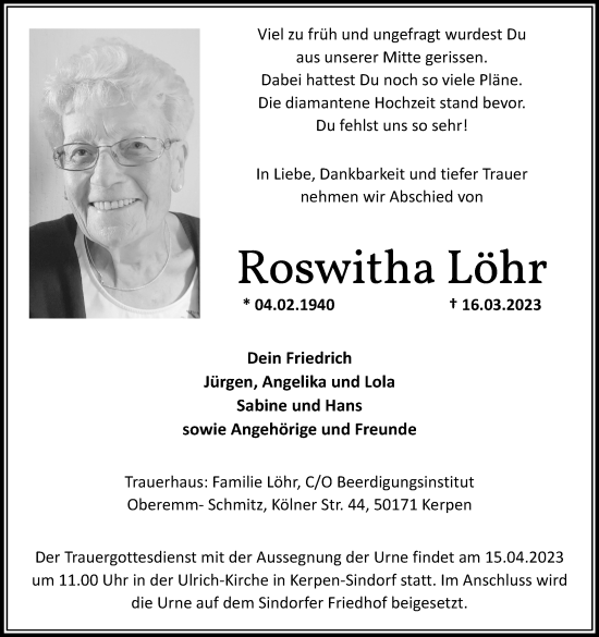 Anzeige von Roswitha Löhr von Kölner Stadt-Anzeiger / Kölnische Rundschau / Express