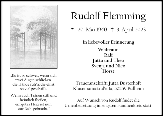 Anzeige von Rudolf Flemming von  Wochenende 