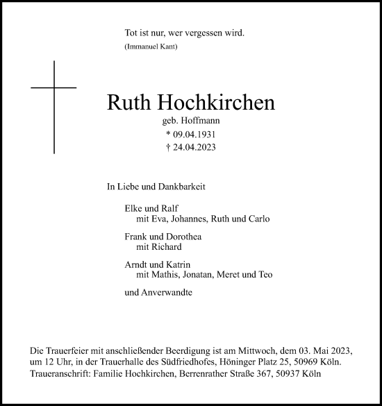 Anzeige von Ruth Hochkirchen von Kölner Stadt-Anzeiger / Kölnische Rundschau / Express
