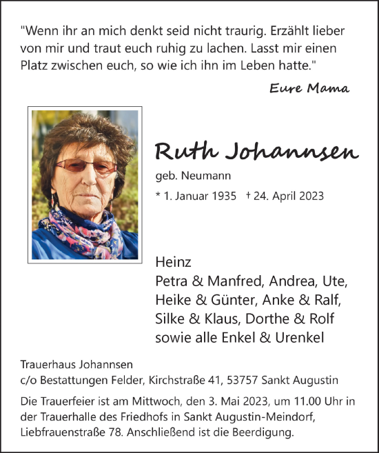 Anzeige von Ruth Johannsen von  Extra Blatt 