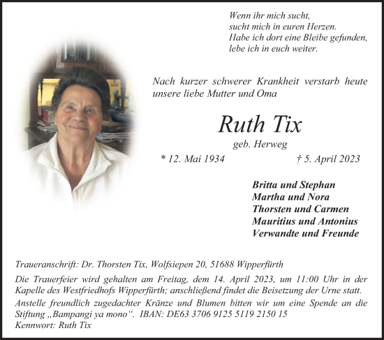 Anzeige von Ruth Tix von Kölner Stadt-Anzeiger / Kölnische Rundschau / Express