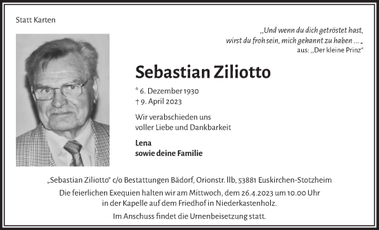 Anzeige von Sebastian Ziliotto von  Blickpunkt Euskirchen 