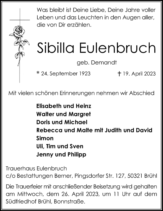 Anzeige von Sibilla Eulenbruch von Kölner Stadt-Anzeiger / Kölnische Rundschau / Express