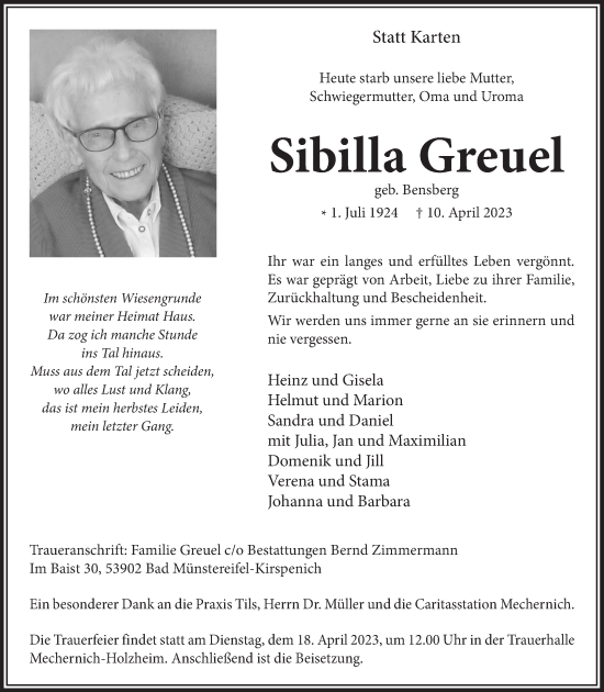 Anzeige von Sibilla Greuel von  Blickpunkt Euskirchen 