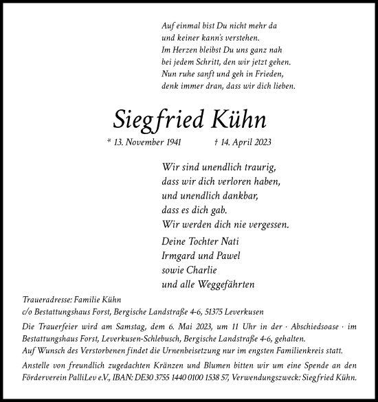 Anzeige von Siegfried Kühn von Kölner Stadt-Anzeiger / Kölnische Rundschau / Express