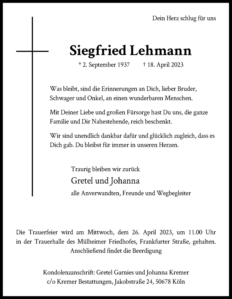  Traueranzeige für Siegfried Lehmann vom 22.04.2023 aus Kölner Stadt-Anzeiger / Kölnische Rundschau / Express