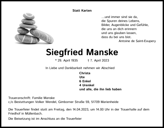 Anzeige von Siegfried Manske von Kölner Stadt-Anzeiger / Kölnische Rundschau / Express