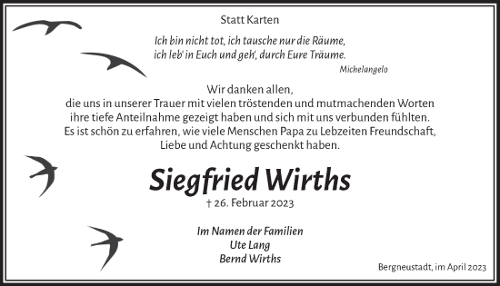 Anzeige von Siegfried Wirths von  Anzeigen Echo 