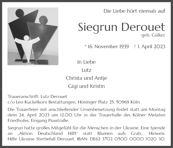 Anzeige von Siegrun Derouet von Kölner Stadt-Anzeiger / Kölnische Rundschau / Express