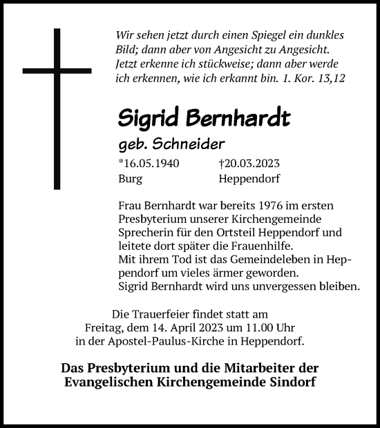 Anzeige von Sigrid Bernhardt von Kölner Stadt-Anzeiger / Kölnische Rundschau / Express