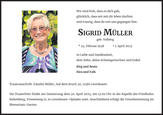 Anzeige von Sigrid Müller von Kölner Stadt-Anzeiger / Kölnische Rundschau / Express