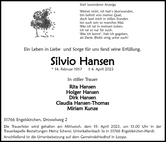 Anzeige von Silvio Hansen von  Anzeigen Echo 