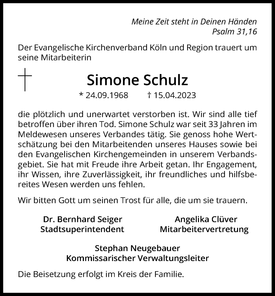  Traueranzeige für Simone Schulz vom 29.04.2023 aus Kölner Stadt-Anzeiger / Kölnische Rundschau / Express