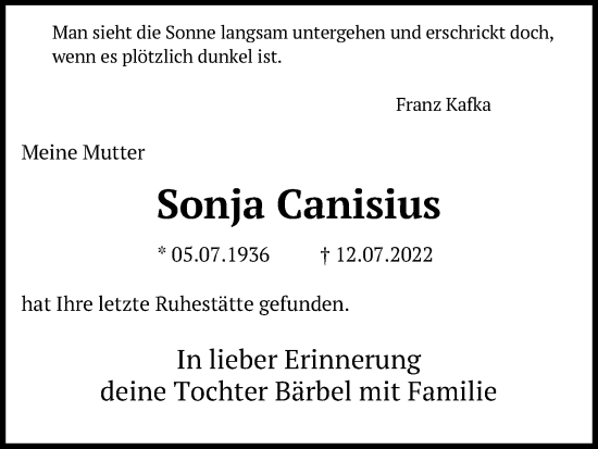Anzeige von Sonja Canisius von Kölner Stadt-Anzeiger / Kölnische Rundschau / Express