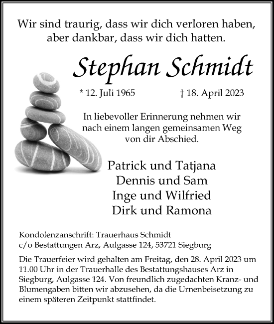 Anzeige von Stephan Schmidt von Kölner Stadt-Anzeiger / Kölnische Rundschau / Express