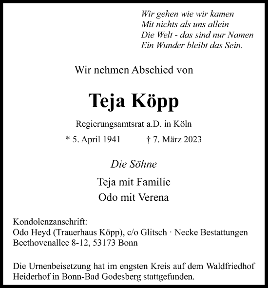 Anzeige von Teja Köpp von Kölner Stadt-Anzeiger / Kölnische Rundschau / Express
