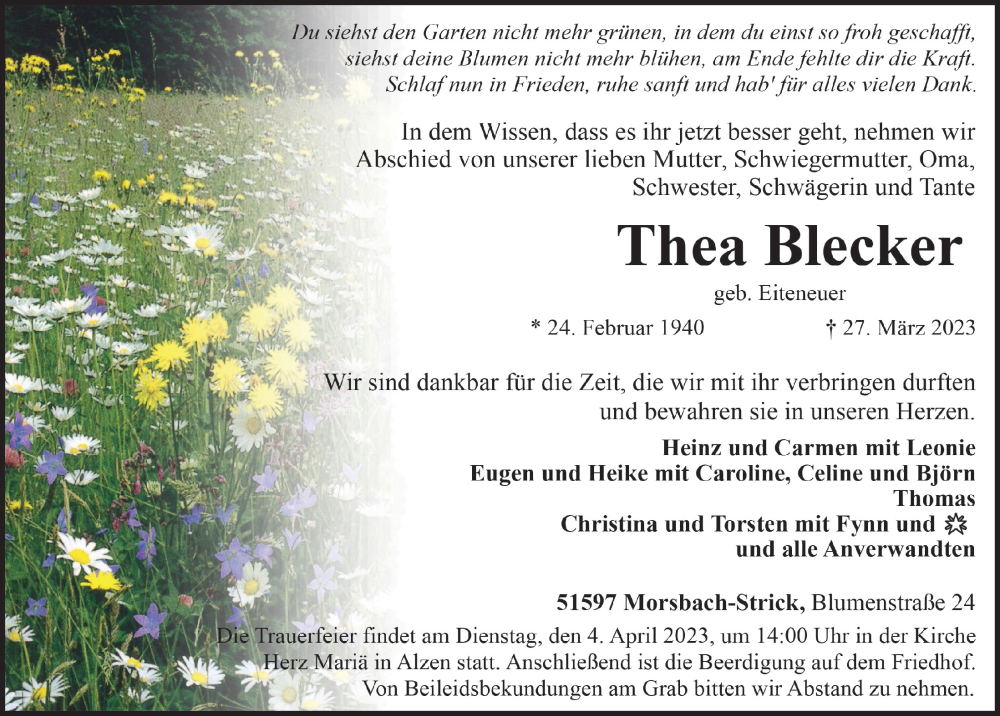  Traueranzeige für Thea Blecker vom 31.03.2023 aus  Lokalanzeiger 