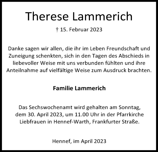 Anzeige von Therese Lammerich von Kölner Stadt-Anzeiger / Kölnische Rundschau / Express
