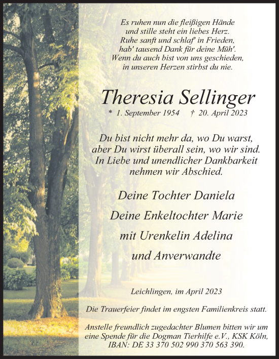 Anzeige von Theresia Sellinger von Kölner Stadt-Anzeiger / Kölnische Rundschau / Express