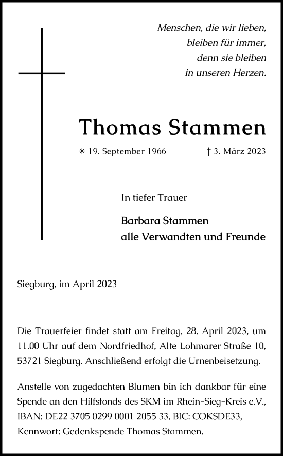 Anzeige von Thomas Stammen von Kölner Stadt-Anzeiger / Kölnische Rundschau / Express