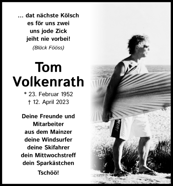 Anzeige von Tom Volkenrath von Kölner Stadt-Anzeiger / Kölnische Rundschau / Express