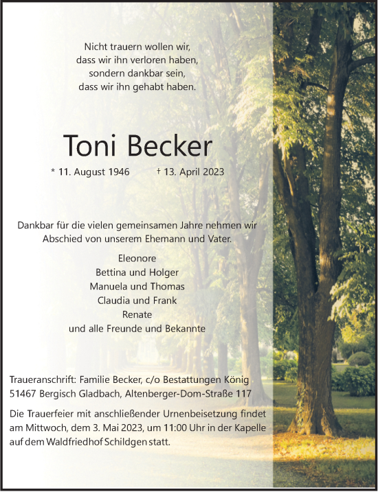 Anzeige von Toni Becker von  Bergisches Handelsblatt 