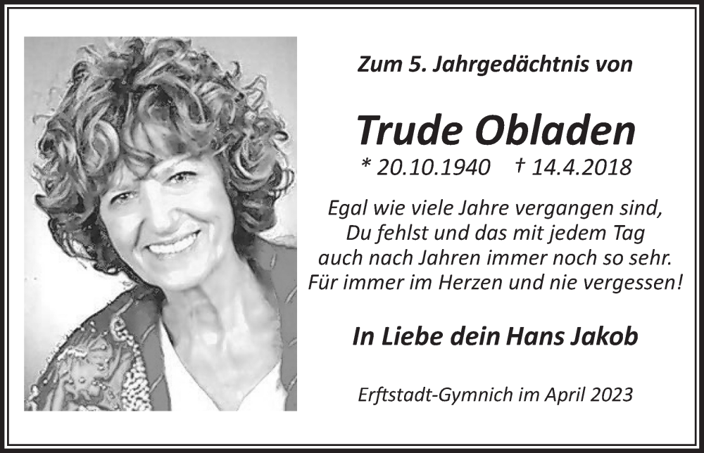  Traueranzeige für Trude Obladen vom 18.07.2023 aus  Werbepost 