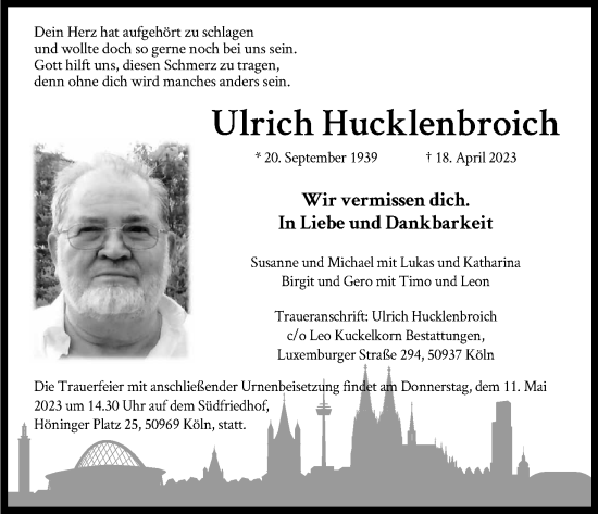 Anzeige von Ulrich Hucklenbroich von Kölner Stadt-Anzeiger / Kölnische Rundschau / Express