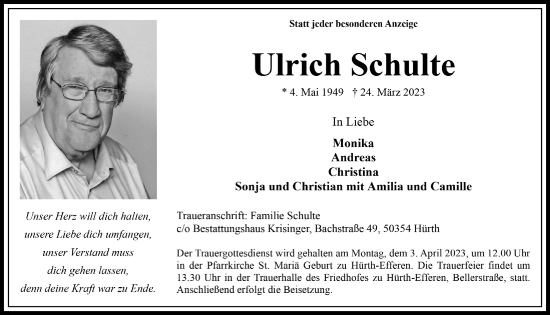 Anzeige von Ulrich Schulte von  Wochenende 