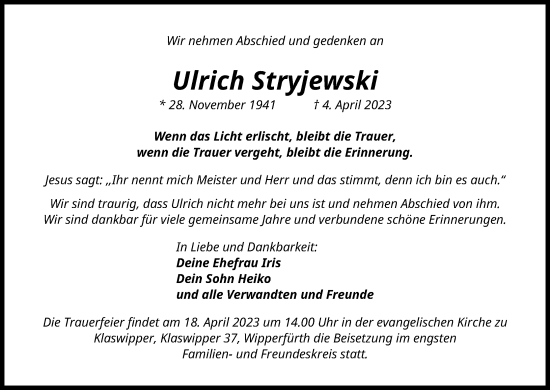 Anzeige von Ulrich Stryjewski von Kölner Stadt-Anzeiger / Kölnische Rundschau / Express